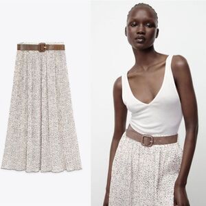 Zara Pleated Crinkle Cream A-Line Midi Skirt Casual Resort Wear Sz M